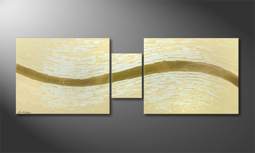 De moderne schilderij Golden Stream 140x50x2cm