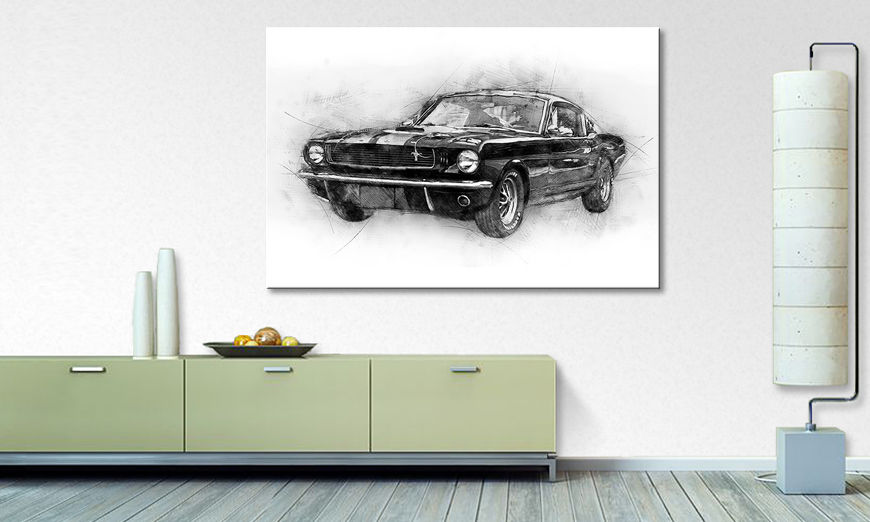 Het gedrukte beeld Black Mustang 120x80 cm